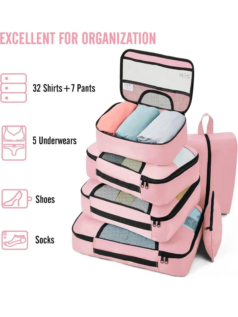 Travel Packing Cube Set with Laundry Bag & Cosmetic Case - Pink